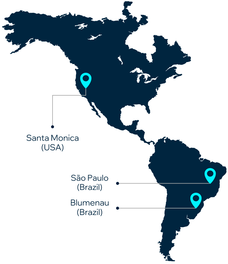 Mapa de las oficinas de Premiersoft en Santa Mónica (EE. UU.), São Paulo y Blumenau (Brasil)